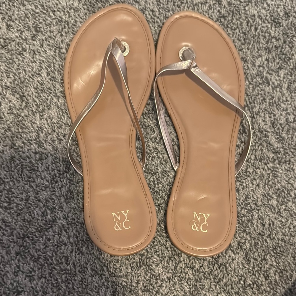 New York & Company Tan and Silver Sandals with Minimalist Design